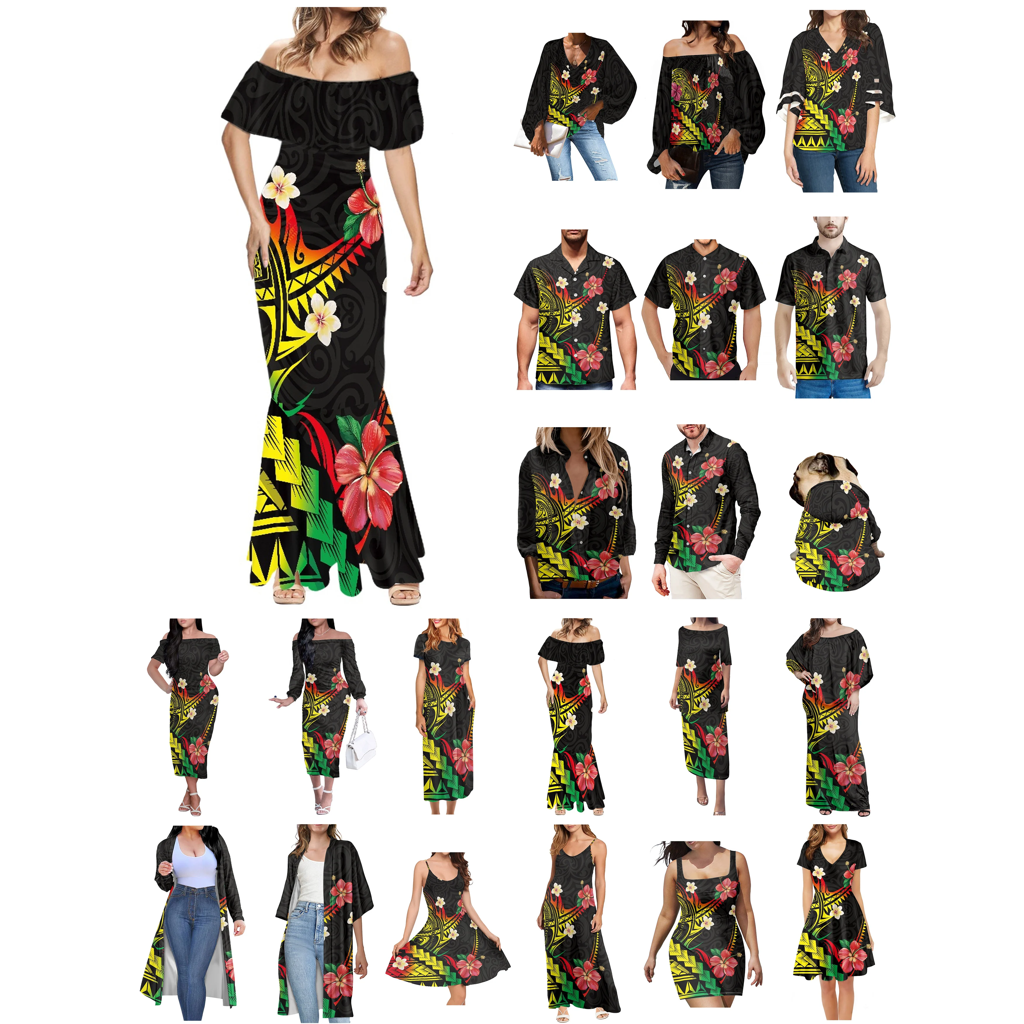 

Polynesian Tonga Hawaii Fiji Guam Samoa Pohnpei Tribal Tattoo Hibiscus Prints Couple Lovers Women Dress Matching Men Shirt Black