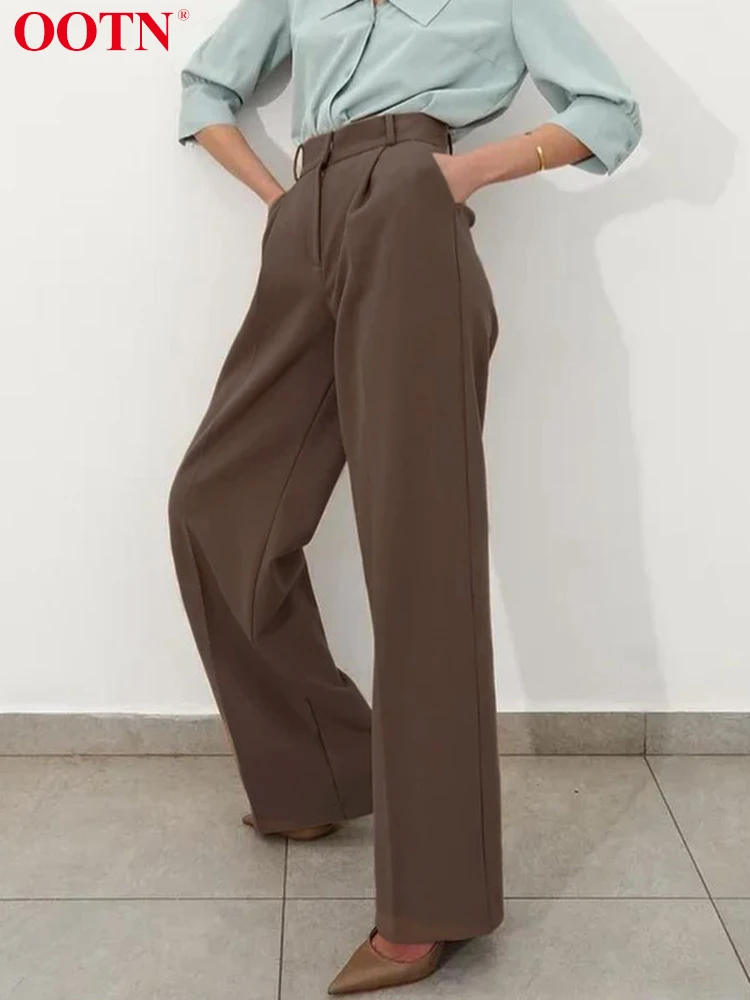 OOTN-Pantalones rectos de oficina para mujer, pantalón elegante de cintura alta con botones, moda color marrón, para otoño, 2022 - AliExpress Ropa de mujer