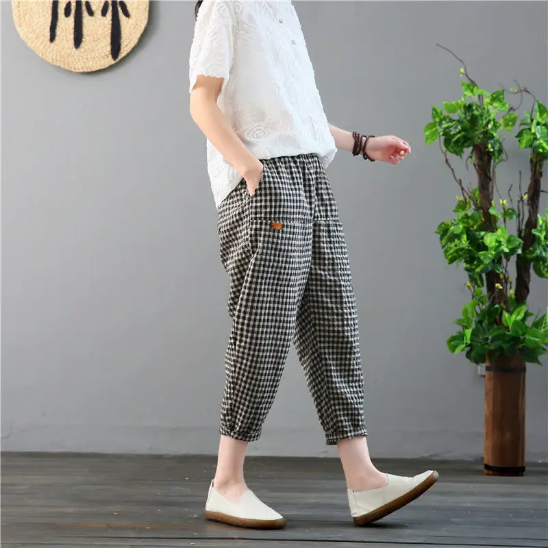 trousers for women Women Spring Summer Fashion Japan Style Elastic Waist Cotton Linen Plaided Ankle Length Harem Pants Office Lady Trousers RV429 slacks