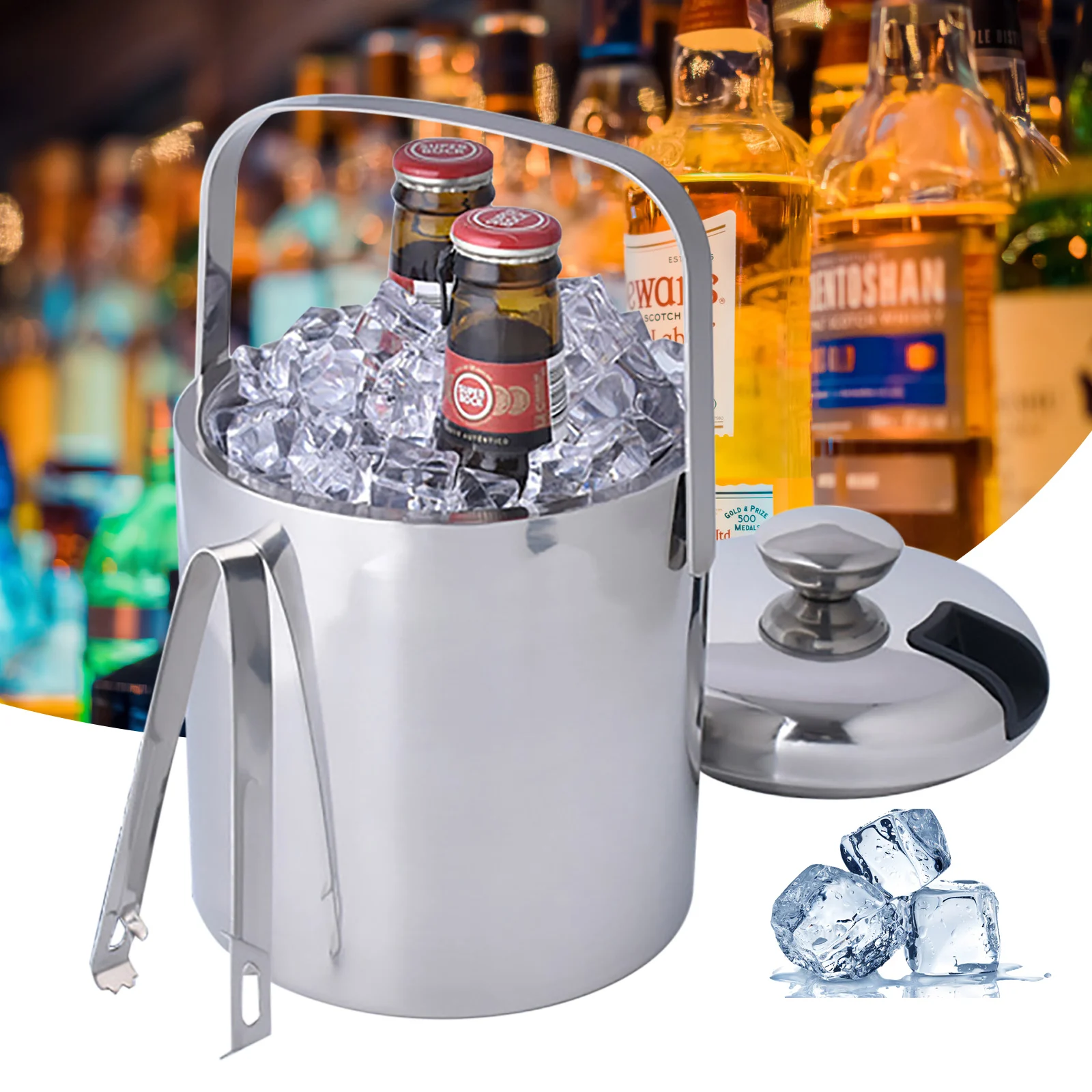 Ice bucket Stainless Steel with Lid and Ice Tongs Cooler Cube Container 1.3L Stainless Steel with Tongs