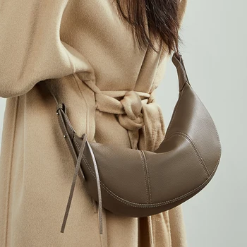 BURMINSA Luxury Genuine Leather Hobo Shoulder Bags For Women Elegant Half Moon Crescent Crossbody Purses Designer Work Handbags