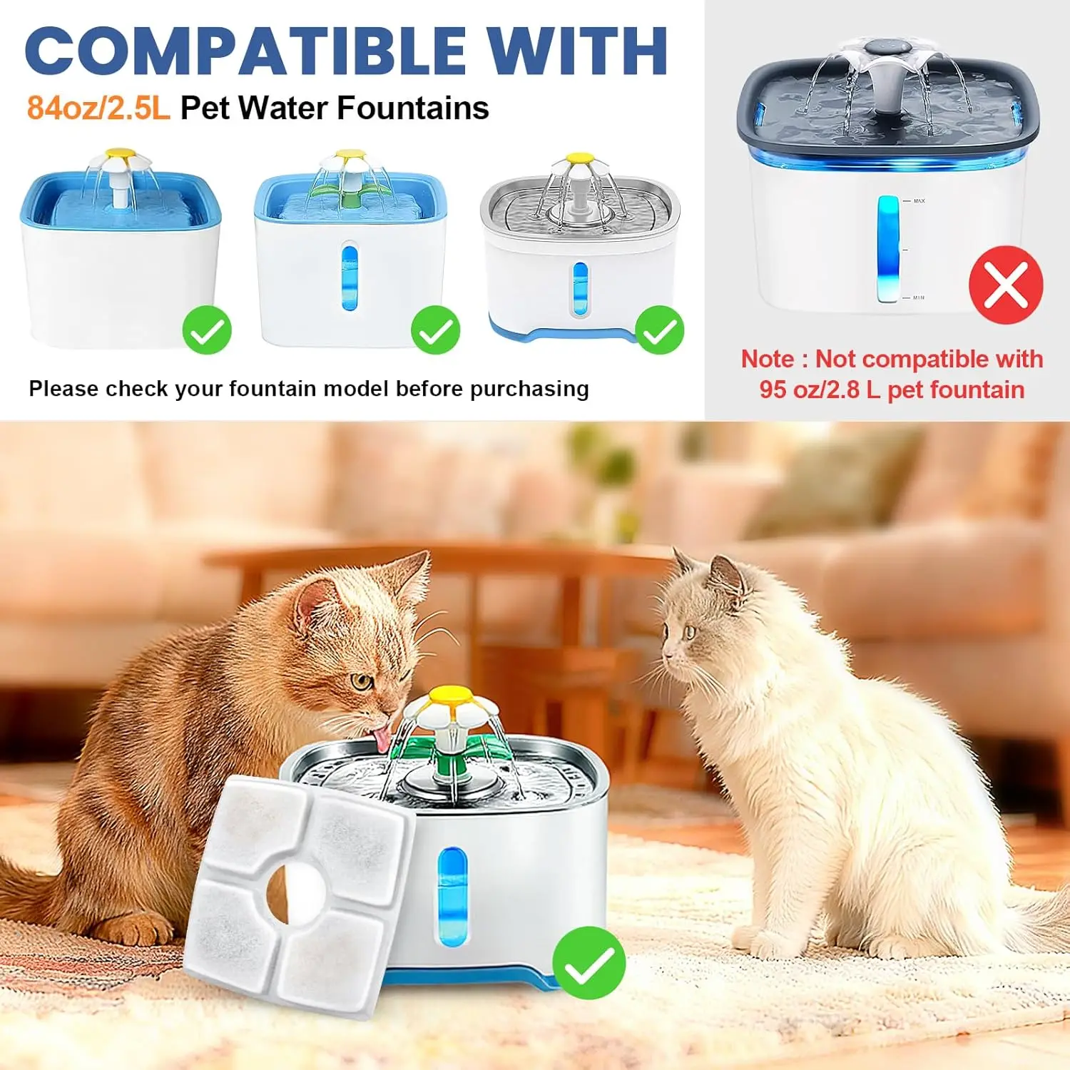 Cat Water Fountain Filter Replacement 4/8 Pack for Square 2.5L Pet Fountain