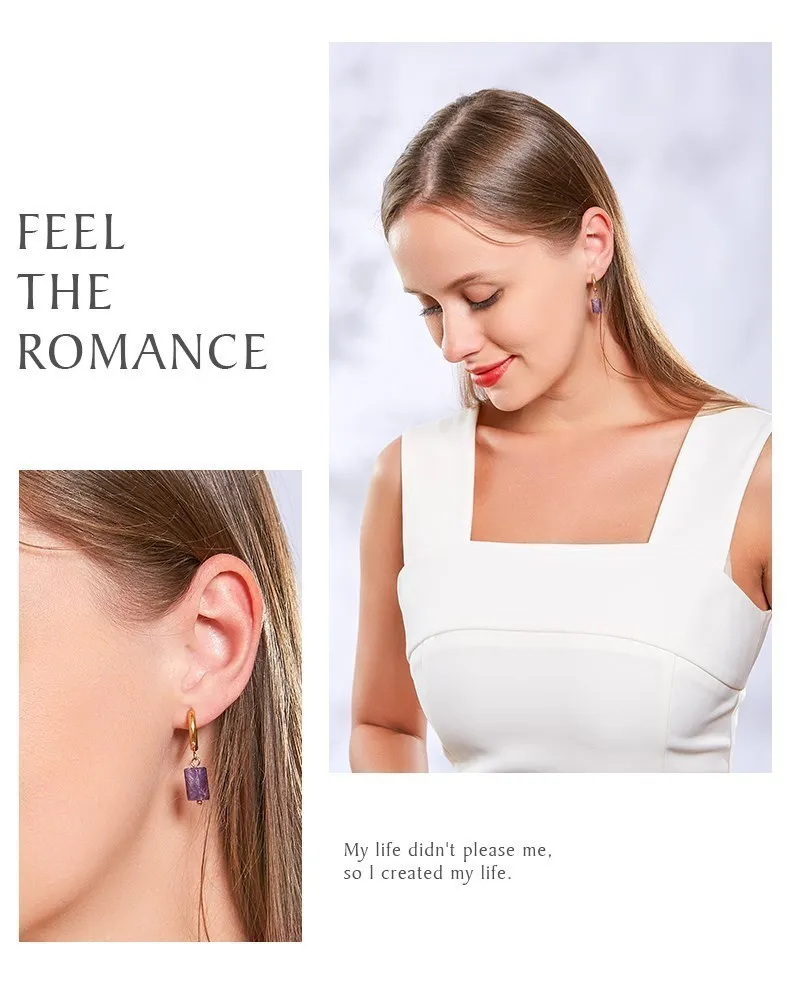 Natural Stone Amethyst Aquamarine Cylinder Shape Stainless Earring Women Reiki Healling Pendant Earring Fashion Jewelry Gifts