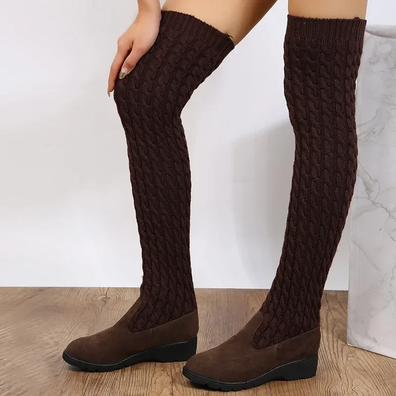 

2022 Fashion Knitted Women Knee High Boots Elastic Slim Autumn Winter Warm Long Thigh High Boots Woman Shoes Size 40