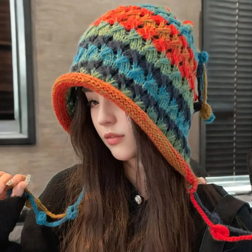 1pc Korean Imitation Handmade Crochet Colored Yarn Hat For Women Winter Fashion Nitted Beanie Cap Hm Earflap Tassel Pompom Hat women hat