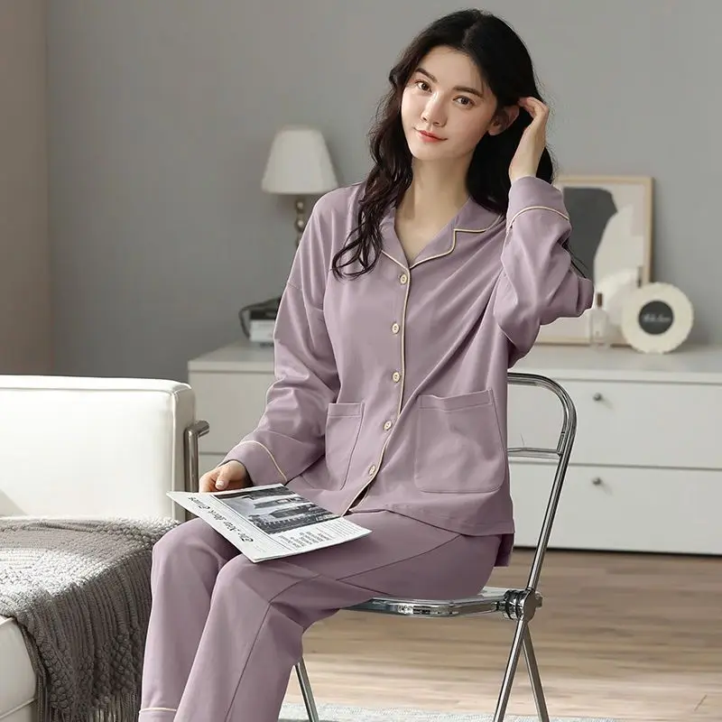 100% Cotton Girls Pajamas Set Women's Spring Autumn Long Sleeve Sleepwear Suit Cardigan Large Size Loose Casual Outside Wear
