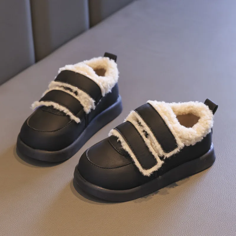 

Children Cotton Shoes Solid Color Thick Soled Kids Causal Shoes Fashion 2023 Winter Warmth PU Leather Girl Plush Shoes Hook Loop