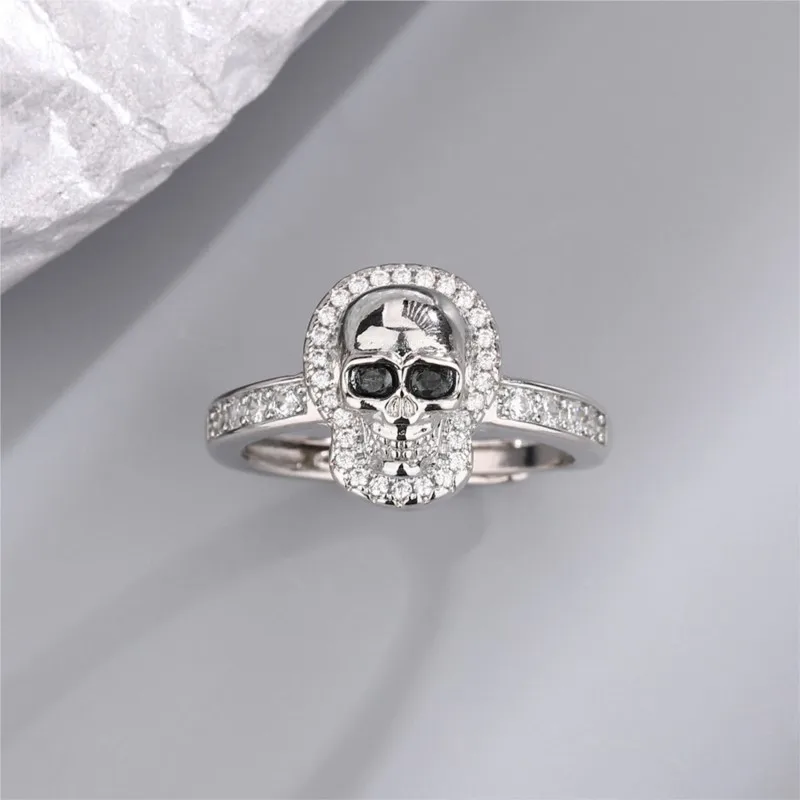 Vintage Gothic Death Skull Skeleton Cocktail Ring for Women Men Shiny CZ Hip Hop Halloween Funny Rings Party Jewelry Gifts