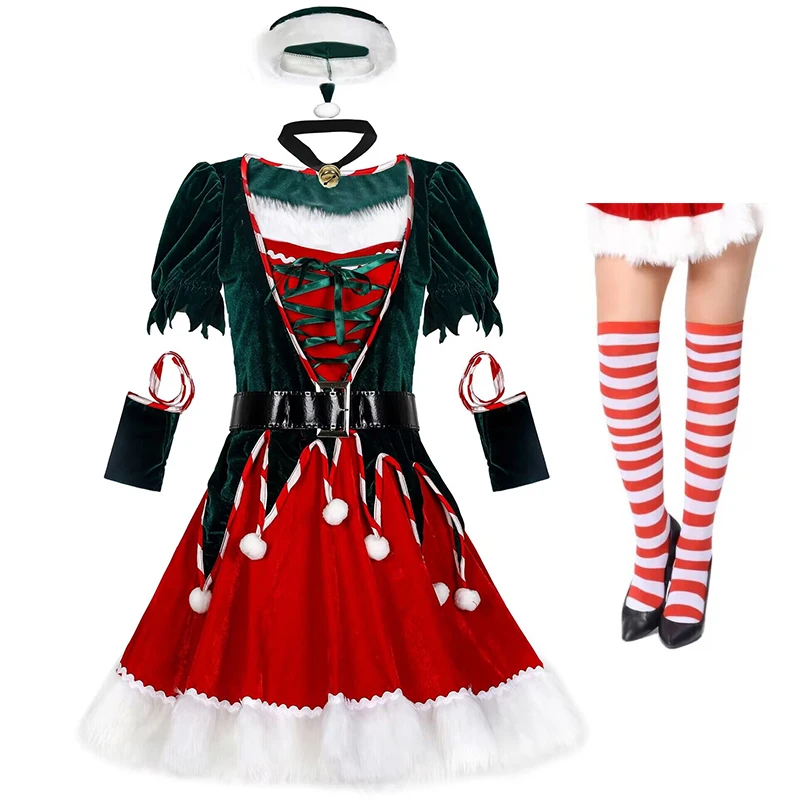 

Sexy Christmas Clothing Cosplay Costume Santa Green Elf Full Set Xmas Disguise Fancy Dresses for Women Holiday New Year Party