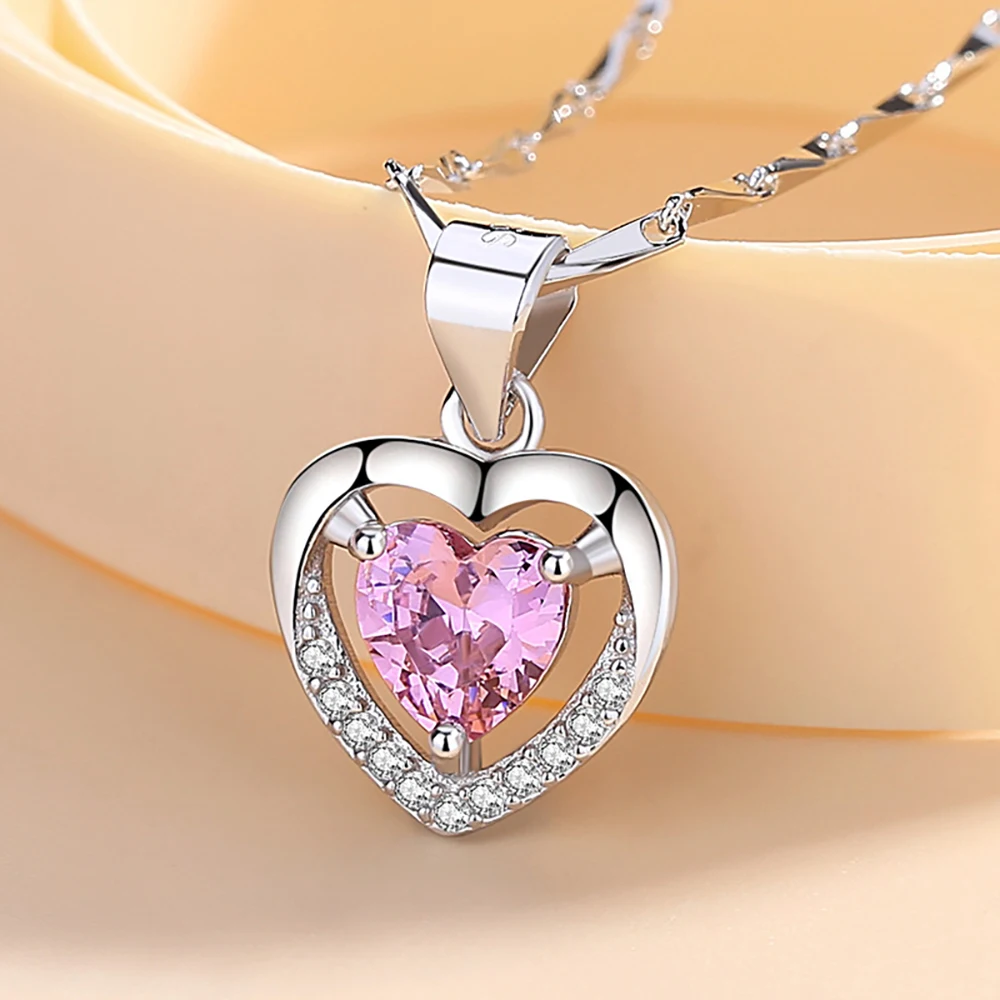 Sterling Silver 999 Heart Shaped Cubic Zirconia Pendant Necklace for Girlfriend Birthday Gift Free Shipping