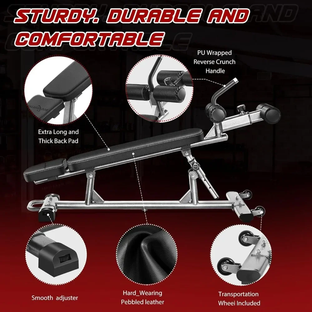 Sit-Up Bench with 4 Adjustable Heights and Reverse Crunch Handle, Adjustable Weight Bench and Flat, Incline Decline Press