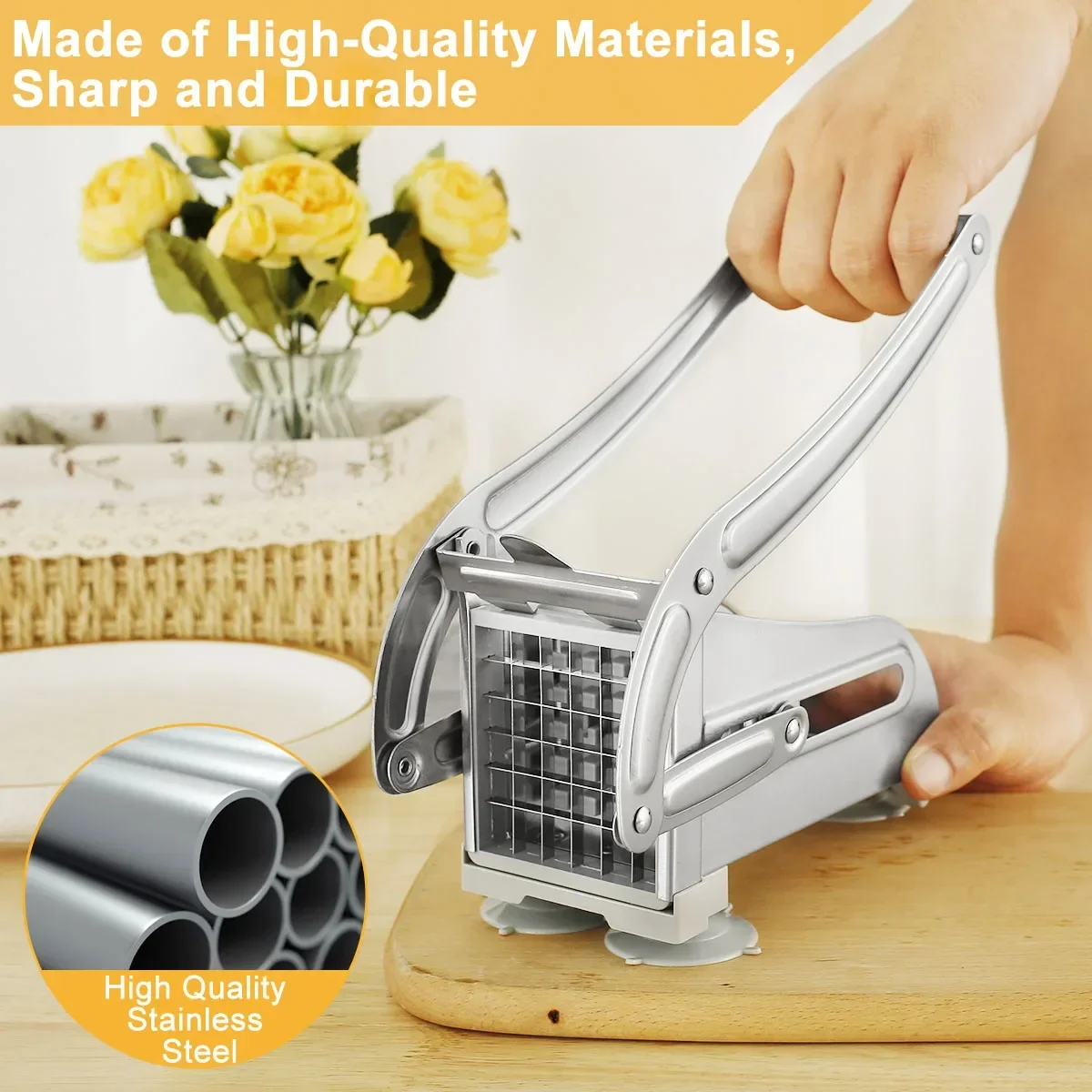 Description Picture 4 of itemFrench Fry Cutter Stainless Steel Potato Chipper Fast Cutting Potato Chip Cutter with 36/46 Holes Blades Manual Food Slicer