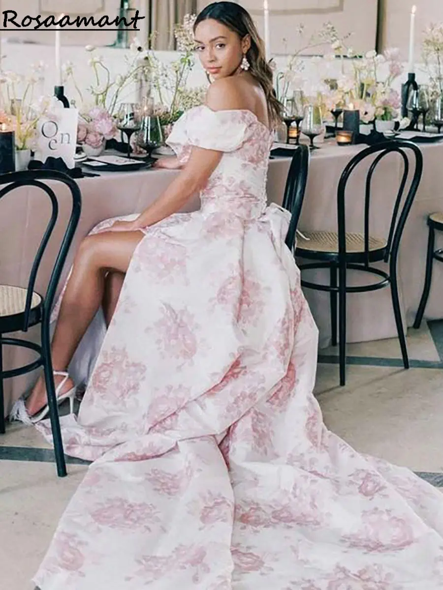 

Великолепное свадебное платье-трапеция с открытыми плечами и высоким разрезом, свадебные платья со складками и цветочным принтом, платья для невесты