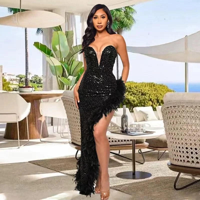 

Zoctuo Sequin Long Formal Gowns And Evening Dresses Sexy Strapless Backless Feather Maxi Dresses Elegant French Cocktail Dress