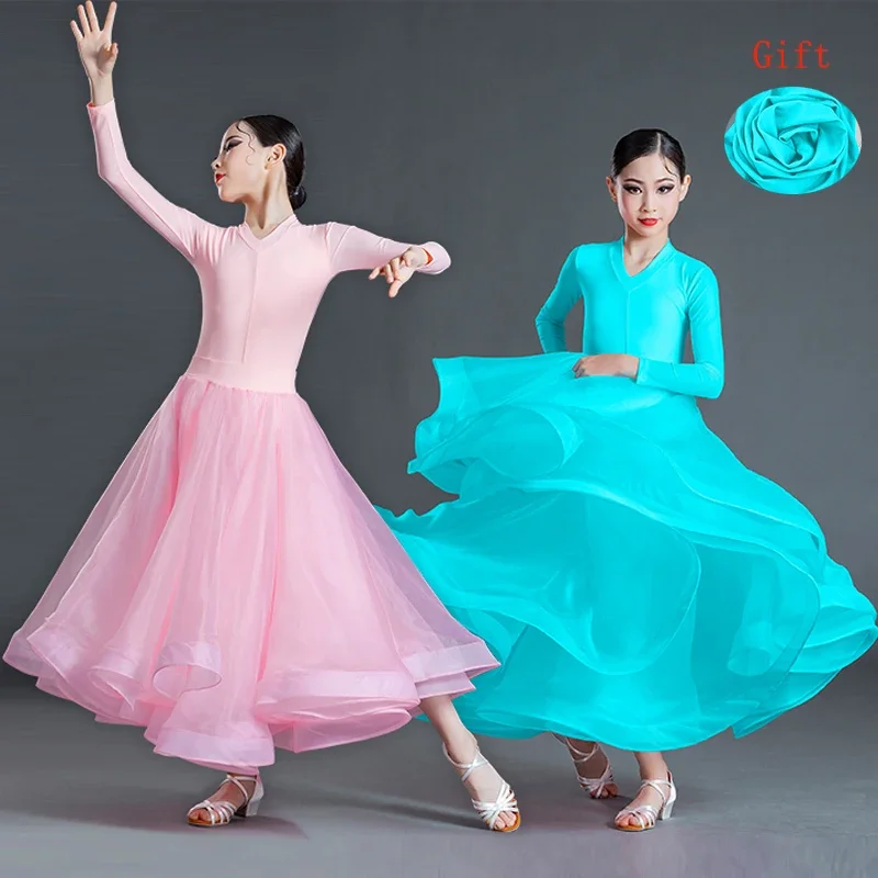 Детское платье для латиноамериканских танцев, розовая юбка с V-образным вырезом и разрезом, юбка из газовой ткани для современных танцев, одежда для бальных танцев