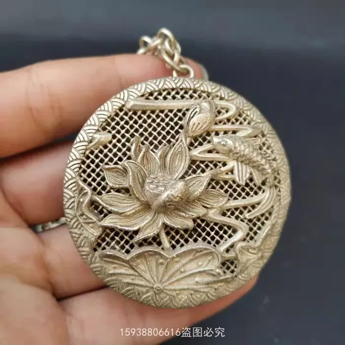 Vintage Miao Silver Carp Lotus Hollow Chain Jewelry 5