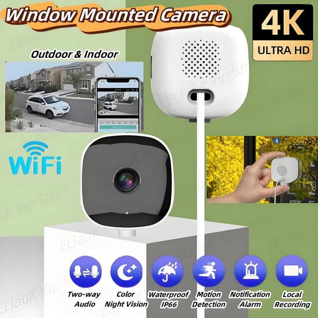 Caméra de surveillance sans fil Wi-Fi à fixation sur fenêtre, surveillance à distance par téléphone portable, vision nocturne HD 3 millions/4K, carte réseau 1