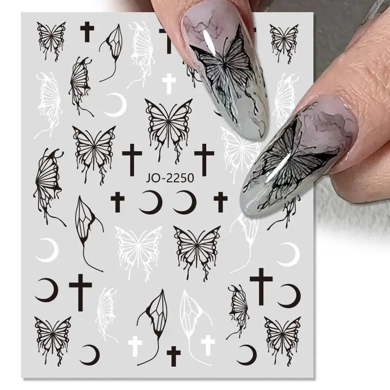 Silver Black White Butterflies 3D Nail Sticker Metal Butterfly Star Crucifixion Adhesive Slider Wraps Manicure Gel Polish Decals Nail Art Decoration