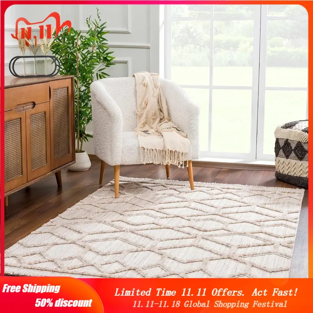 Malilinao Farmhouse Living Room Bedroom Modern Moroccan Trellis Area Rug-Soft Shaggy High Low Carpet-High Pile