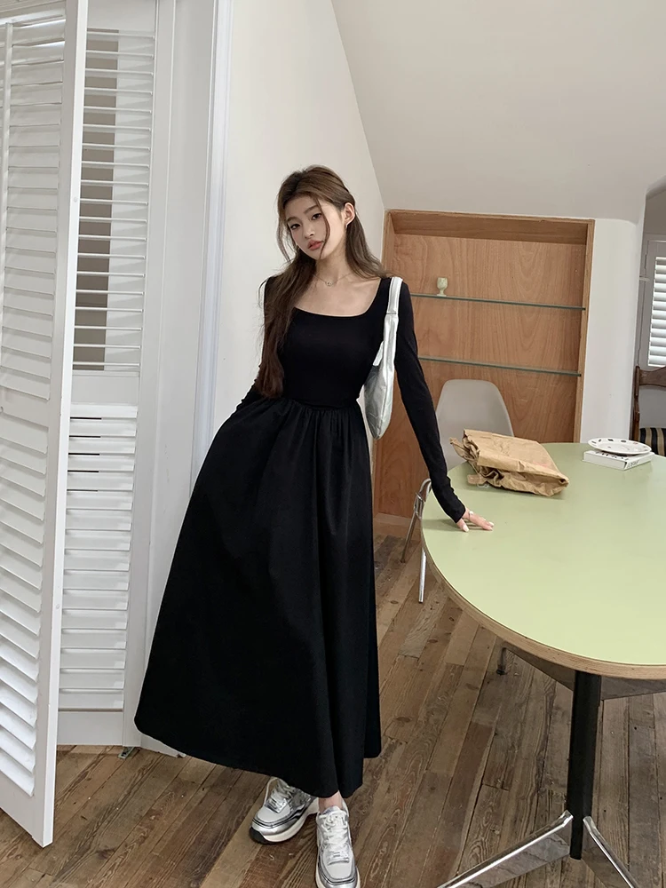 Casual Knitted Midi Dresses for Women Solid Long Sleeves Square Collar A-line Autumn New Elegant Dress Female Slim Vestidos