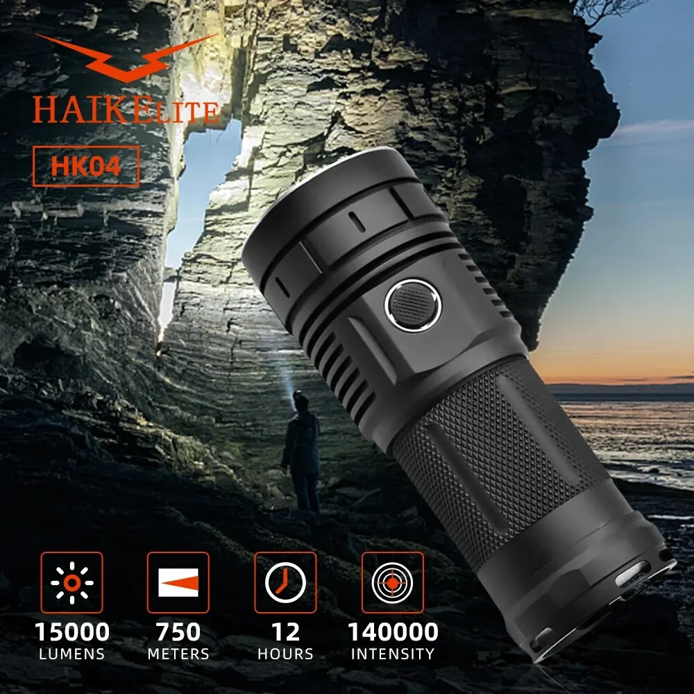 Haikelite HK04 sytý baterka 15000LM lanterna 750m dosah type-c USB nabíjení pochodeň 18650 vysoký energie LED flashlights