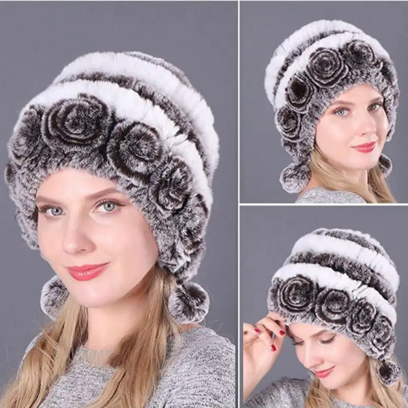 

2022 Women Fur Hat For Winter Natural Rex Rabbit Cap Russian Female Fur Headgear Outdoor Ear Warm Flowers Earmuff Beanies Caps