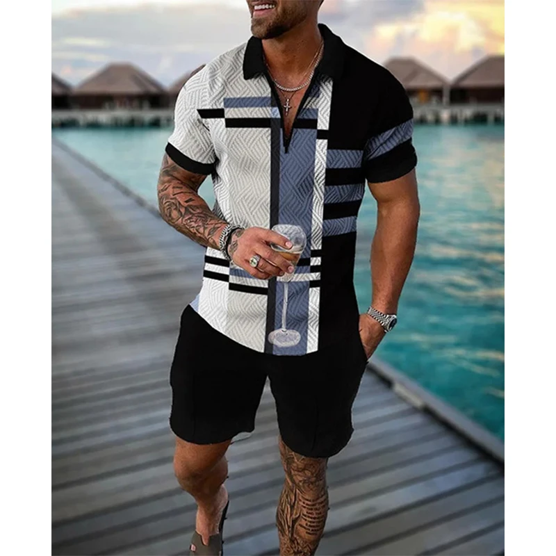 Men's Tracksuit Beach Sportswear Polo Set Men Oversized Outfit Suit Casual Summer Zipper Polo ShirtShorts Suit Golf Wear Clothes