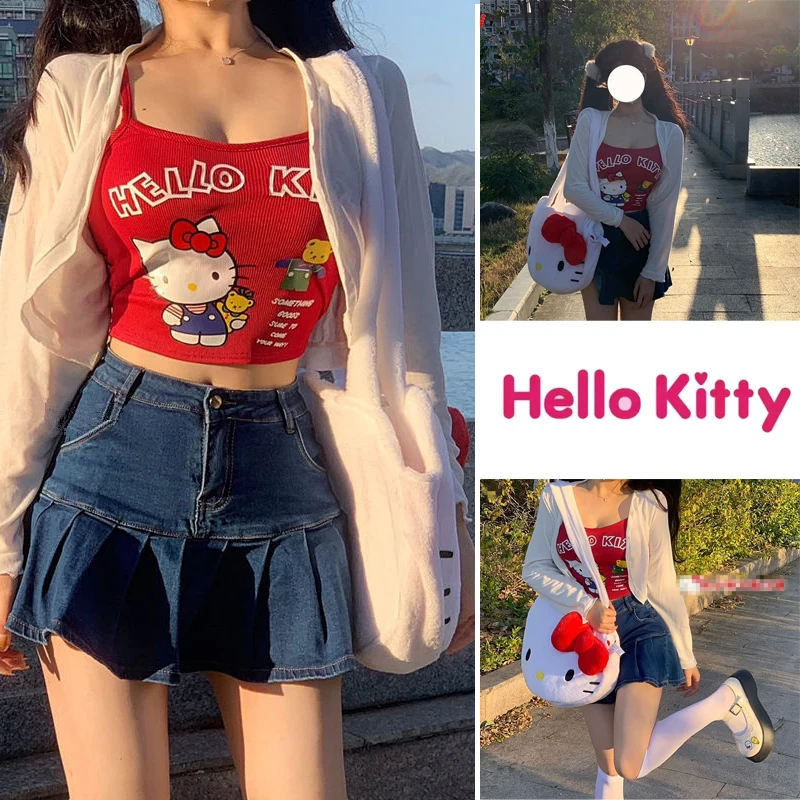 Sanrio Hello Kitty Suspenders Women Clothes Cute Vest Y2k Spicy Girl Soft  Stretchy Tank Top Female Cartoon Print White Camisole - AliExpress