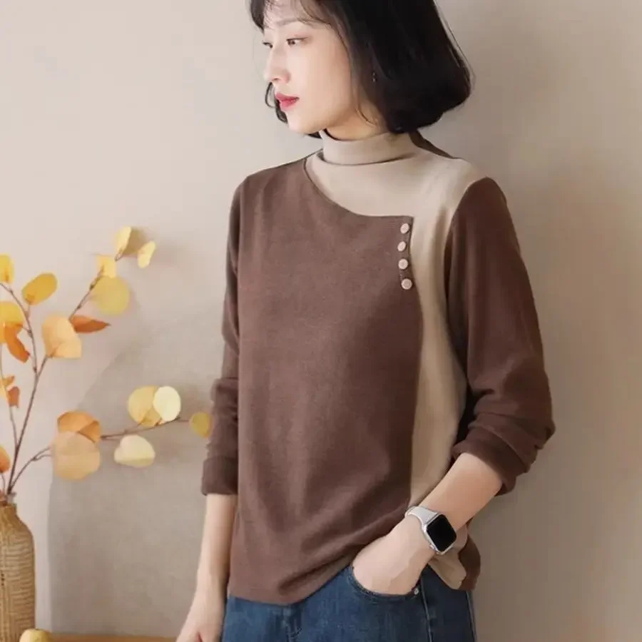 

Women Bottom Tshirts Female Half-high Neck Loose Thin Korean Style Patchwork Shirts Casual All Match Fall T-shirt