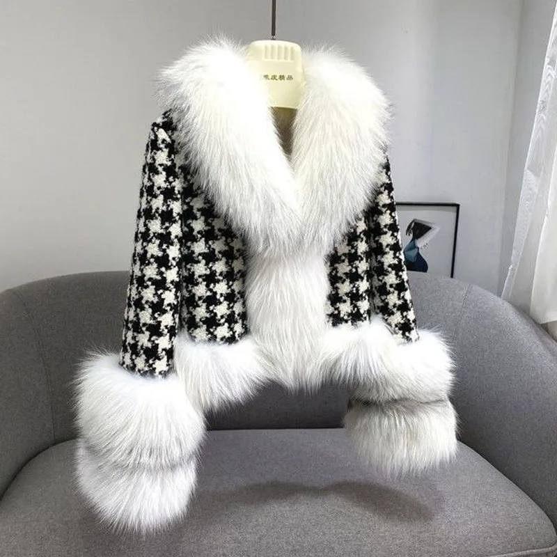 2023 Autumn And Winter New Houndstooth Large Collar Imitation Short Coat Women's Temperament Delt Fox Fur Coat Womentide