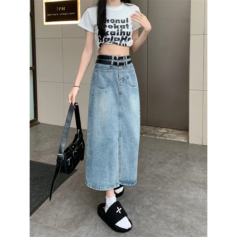 Denim Skirt Women's 2023 New Black Summer Commuter Large Women's Retro Split Double Belt Mid length A-line Long Dress Free Belt