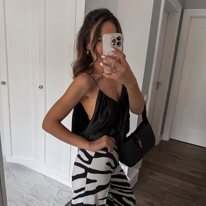 Women's Slip Tops Fashion Satin Pleated V-Neck Sleeveless Top Summer Sexy Female Chic Tops - 3