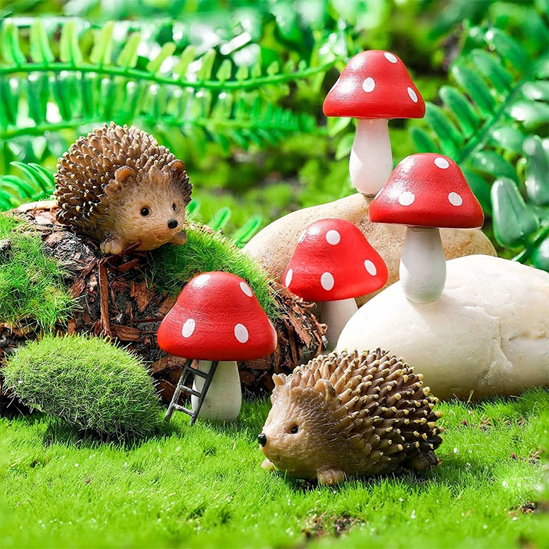 

6 шт., искусственные полимерные ежики и деревянные грибы