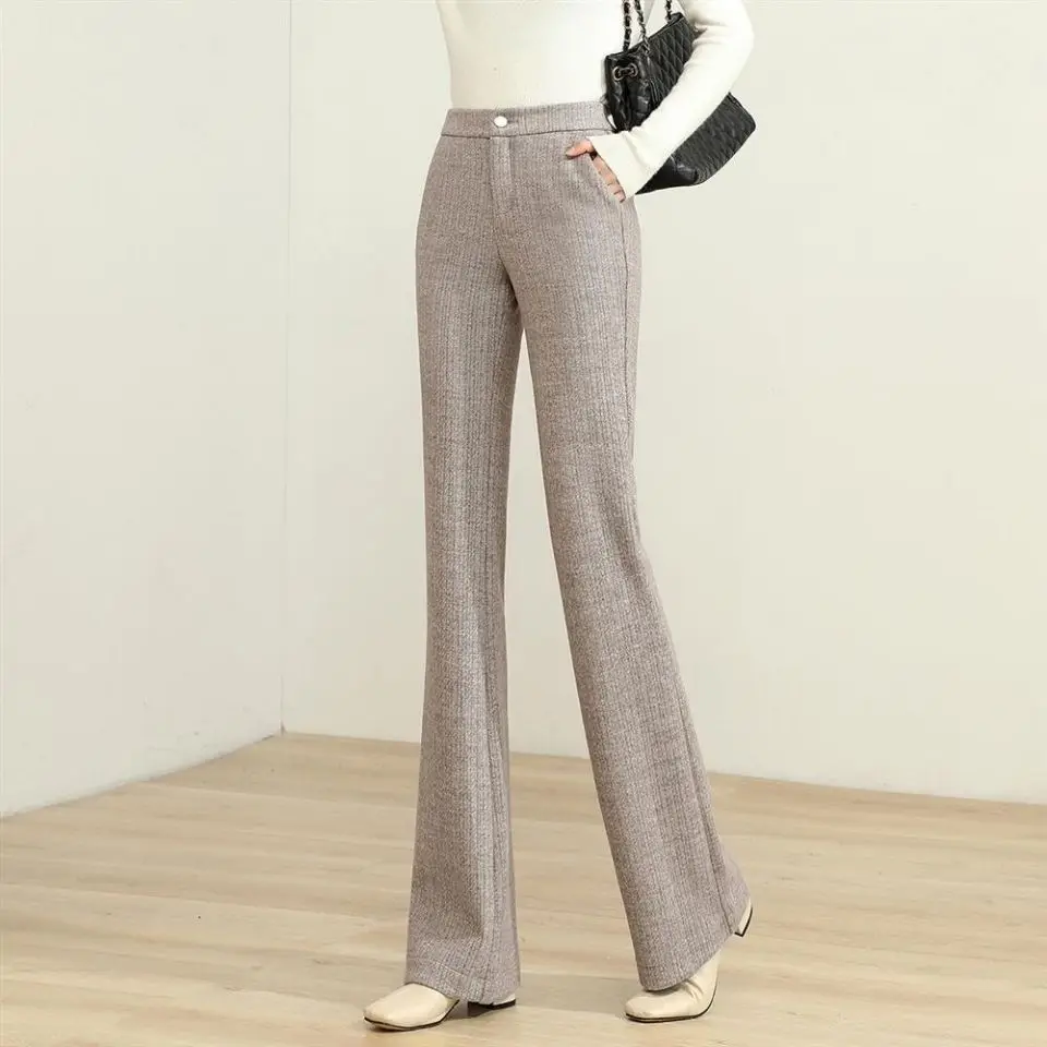 

Шерстяные брюки-колокольчики для женщин, с высокой талией коричневые шерстяные осенне-зимние стильные брюки с высокой талией для похудения