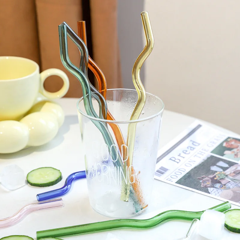 Wavy Colorful Clear Drinking Straw High Borosilicate Glass Straw Glass Tube Party Bar Drinkware Reusable Glass Straws