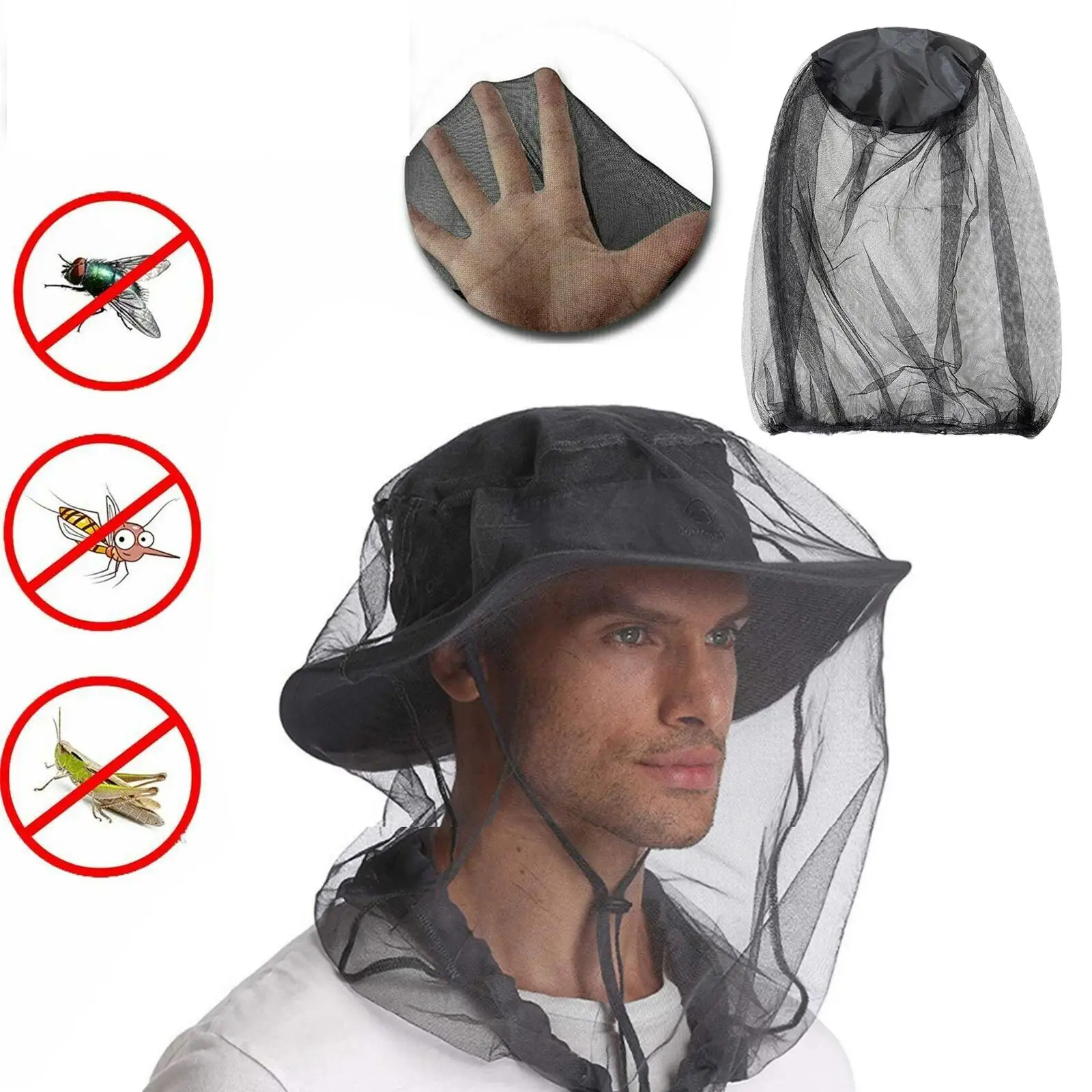 Outdoor Fishing Bee Bite Hat Mesh Cover Mosquito Insect Fishing Hat Bug  Mesh Head Net Face Protector Travel Camping 1pc