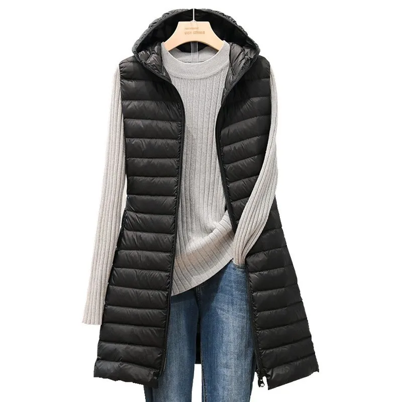 Ladies medium and long style pure color Hooded light down cotton vest jacket autumn and winter slim sleeveless Women Parkas vest S469f07efcff04520aab3b2830c2f681eU