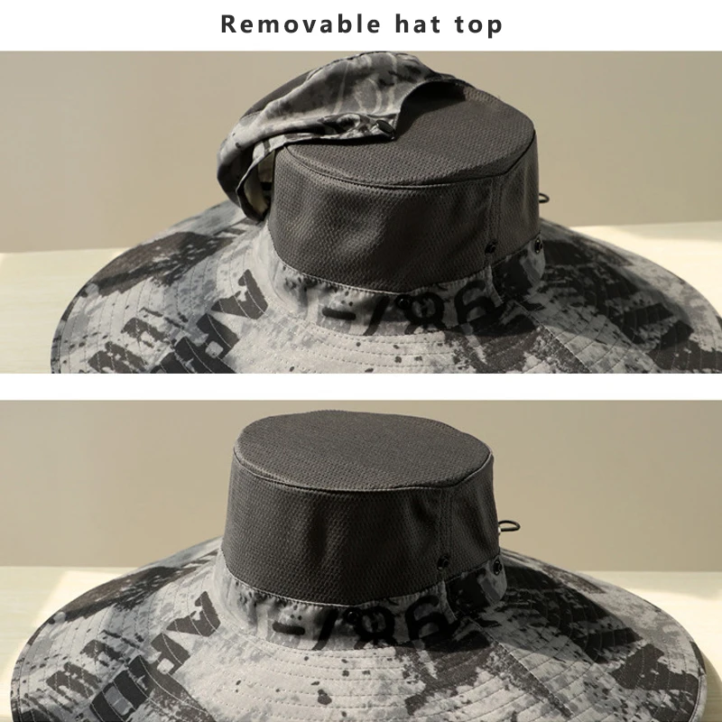 New 15cm Large Brim Bucket Hat for Men Camouflage Snap Design Removable Hat  Top Sun Hat Breathable Mesh Fishing Hiking Army Cap - AliExpress