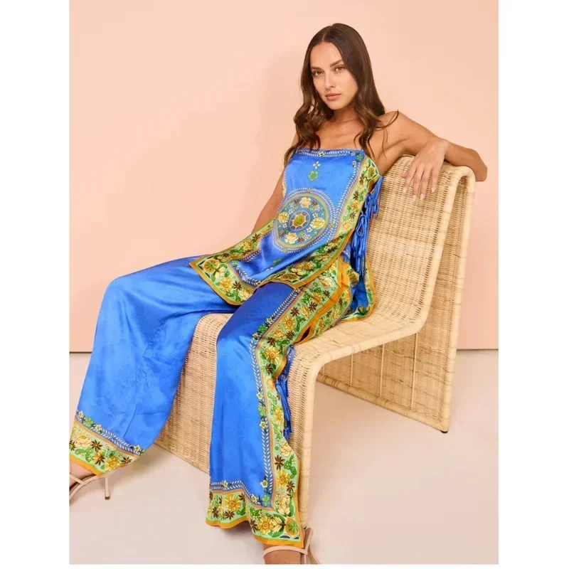 Summer Sleeveless Women Beach Vacation Set Fashionable Bow Loose Suspender Top High Waisted Wide Leg Pant Two Piece Set2024