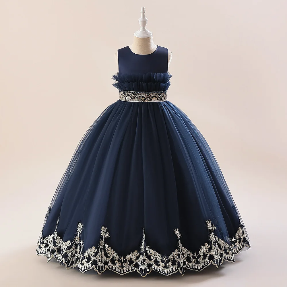 

Flower Girl's Birthday Banquet Lace Dress Elegant Kids Evening Party Gowns Princess Navy Ballgown Formal First Communion Dress