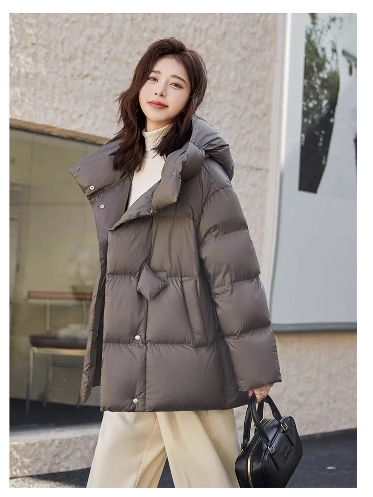 Women Down Jacket Winter Women's Jackets Thick Warm Loose Fashion 90% White Duck Down Puffer Jacket Hooded Casual Puffy Mid-Length Down Coat