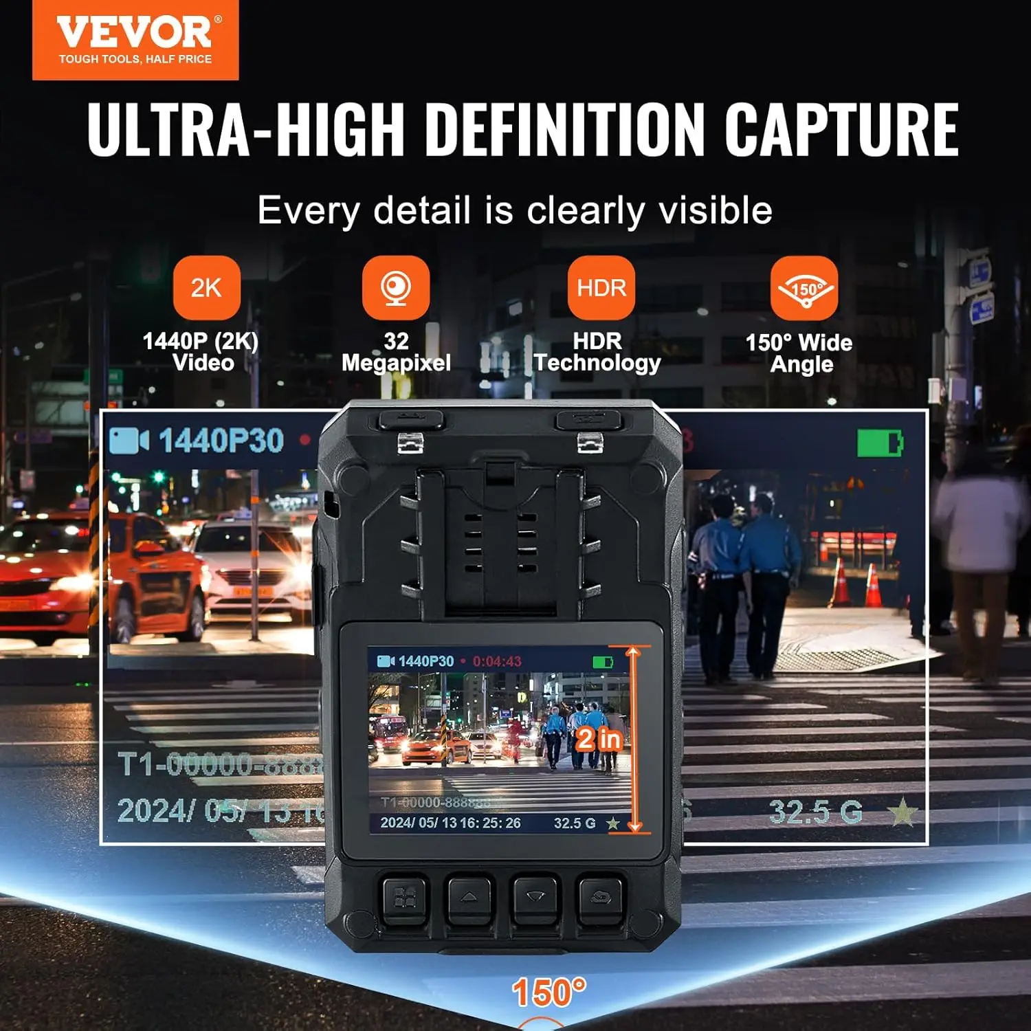 1440P HD Police Body Camera, 128GB Body Cam with Audio Video Recording Picture, Built-in 3500 mAh Battery, 2.0" LCD 2