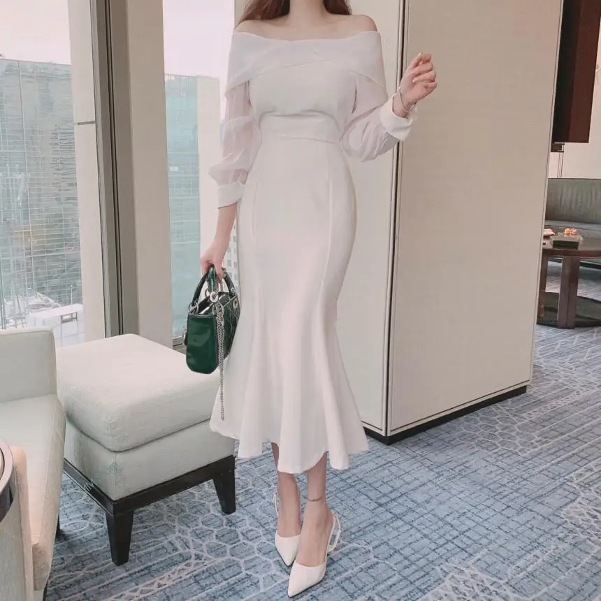 

2022 Temperament Sexy Slash Collar Sling Bare Shoulders Women New Puff Sleeve Mid-calf Fishtail Dress Autumn Tide