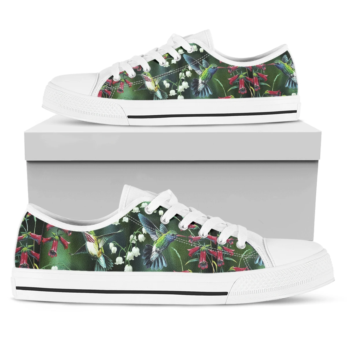 

ELVISWORDS Cute Robin Lightweight Lace-up Outdoor Shoes Classic Low-top Women's Shoes Green Plant Print Canvas Shoes Flats