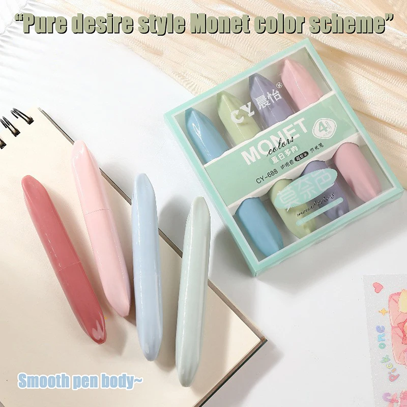 창의적인 귀여운 모네 색상 하이라이터 마커 펜, 사무실 학교 용품, 카와이 드로잉 핸드 계정 그래피티 펜, 4 개