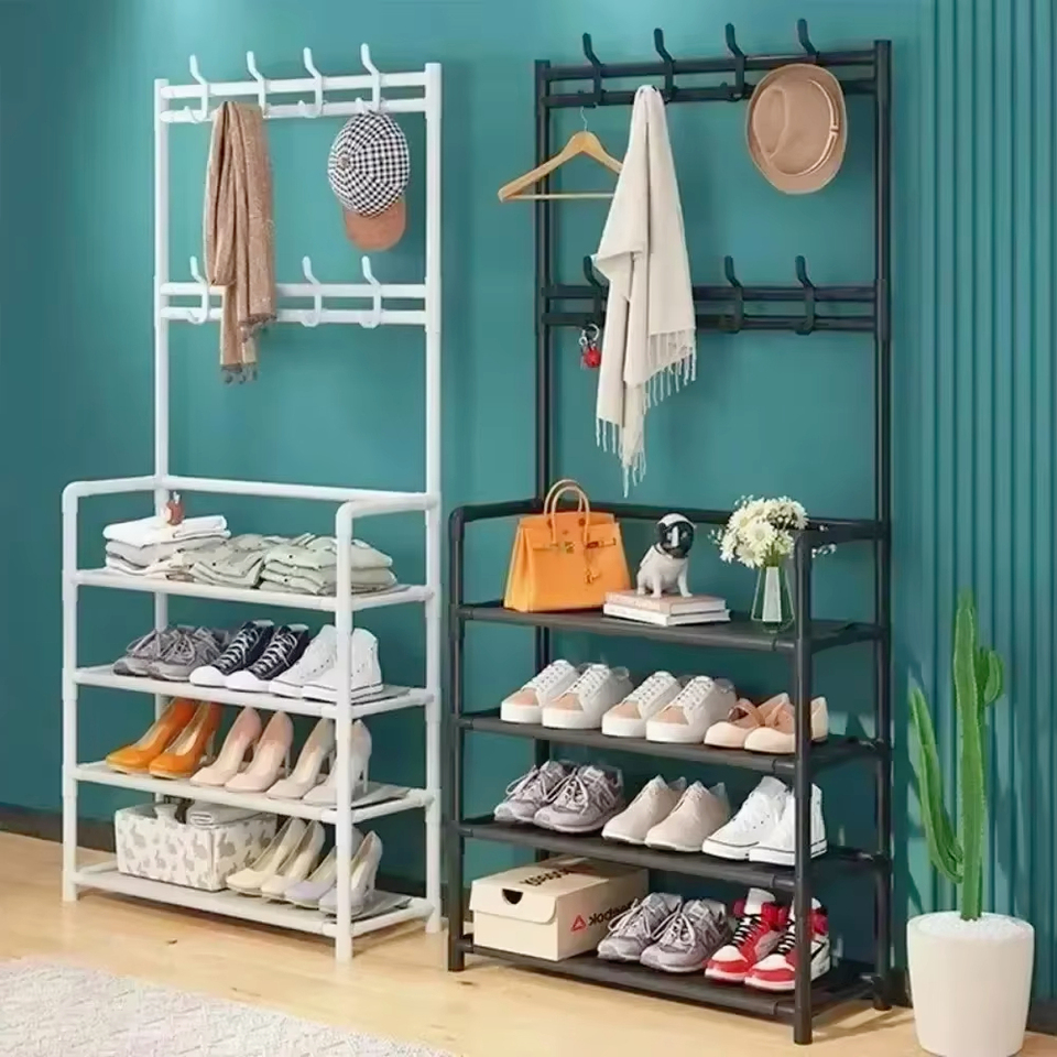2025 Flash Sale Shoe Hat Clothes Rack With Shelves - DIY Assembly Floor Standing Dustproof Organizer With Side Cloth Storage