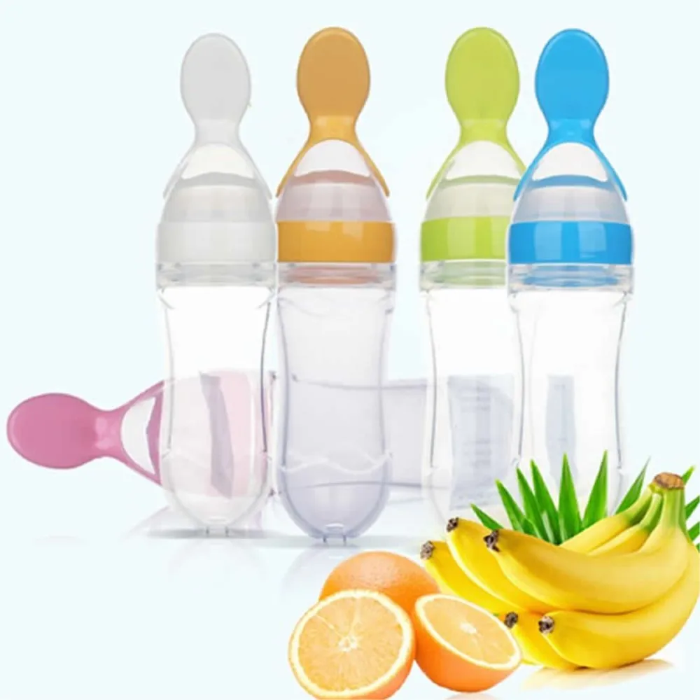 Silicone Feeding Spoon Silicone Cutlery Set Learning Spoons Fork Spoon Set Baby Cutlery Silicone Baby Bottle Silicone Milk Bottle Baby Feeding Bottle With Spoon 90ml Silicone Newborn Infant Squeeze Spoon Toddler Food Supplement food Cereal Bottle Milk Feeder