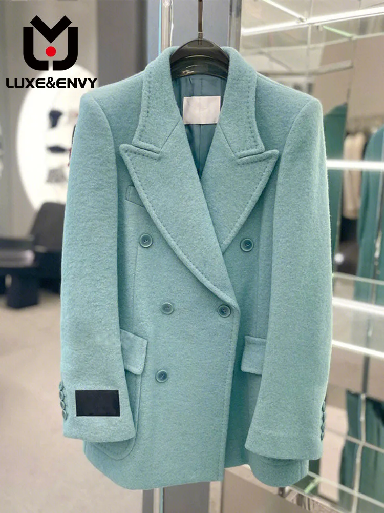 

LUXE&ENVY Blue Korean Gentle Suit Woolen Coat Double Breasted Large Collar High Sense Goddess Style Women 2023 Summer