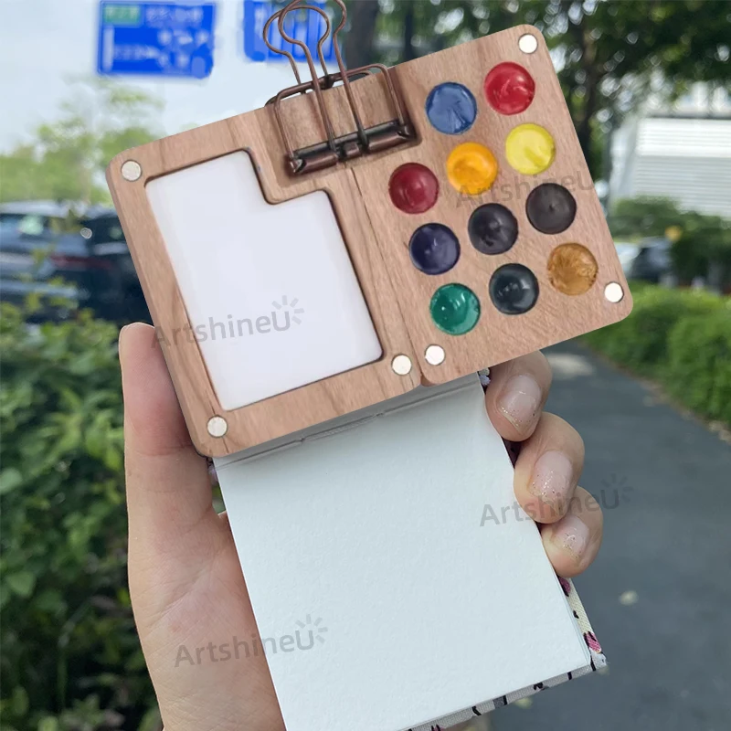Portable Travel Mini Watercolor Set 0.5ml 11 Grids Walnut/Cherry Wood Box Brush Paper Pad Artist Student Supplies