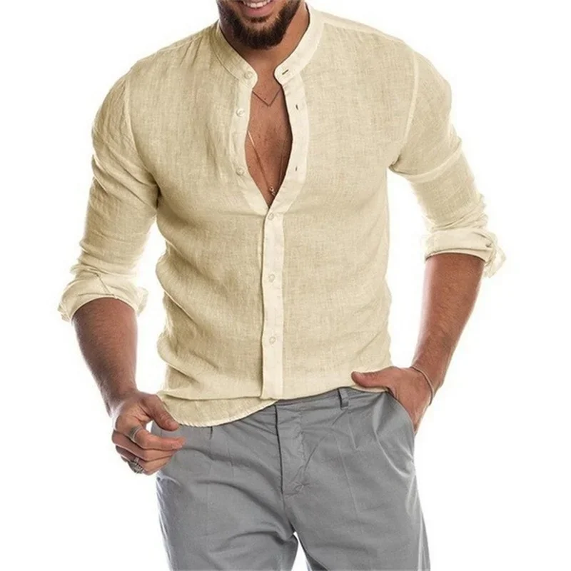 

2024 Fashion New Men's Casual Shirts Solid Color Linen Long Sleeve Shirt Stand Collar Cardigan Long Sleeve Loose Men's Shirt